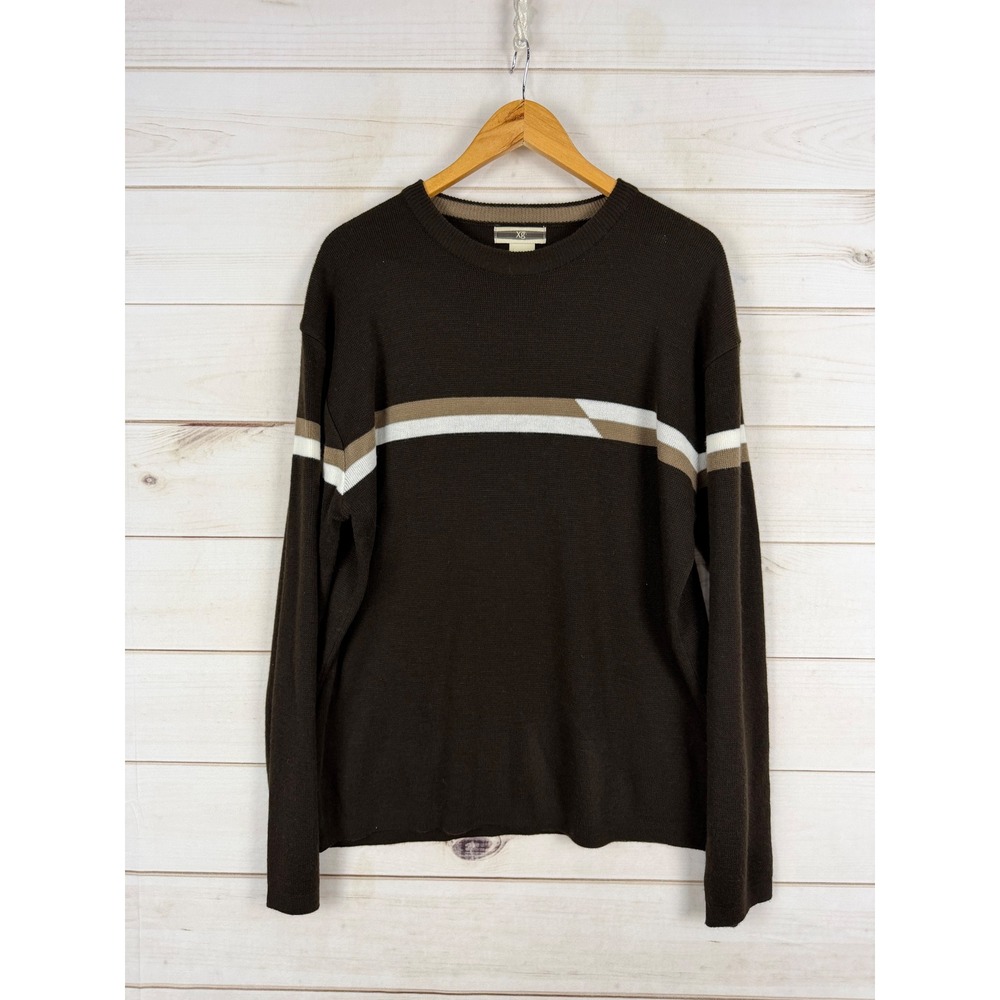 Xg Sweater Mens Large Brown Striped Knit Crew Neck Retro Skater 90s Y2K